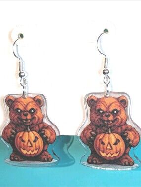 Hand Crafted Brown Bear with Orange Pumpkin Halloween Earrings